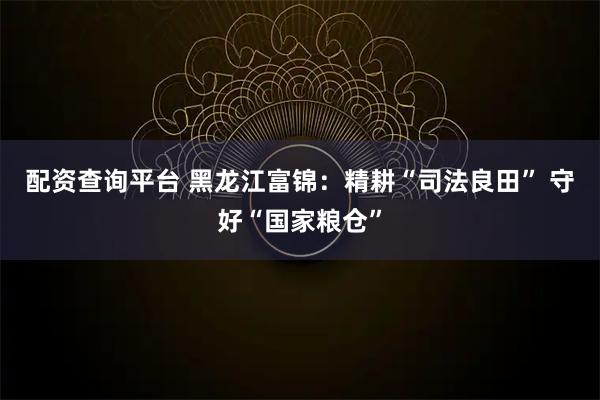 配资查询平台 黑龙江富锦：精耕“司法良田” 守好“国家粮仓”